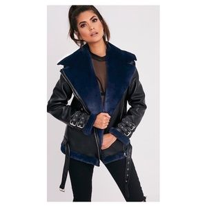 Black Navy Faux Fur Lined Aviator Jacket